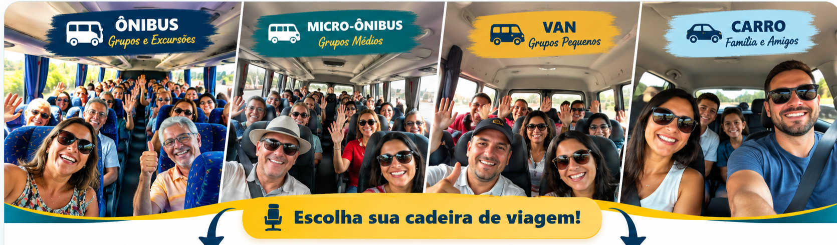Viajantes alegres em ônibus, micro-ônibus, van e carro